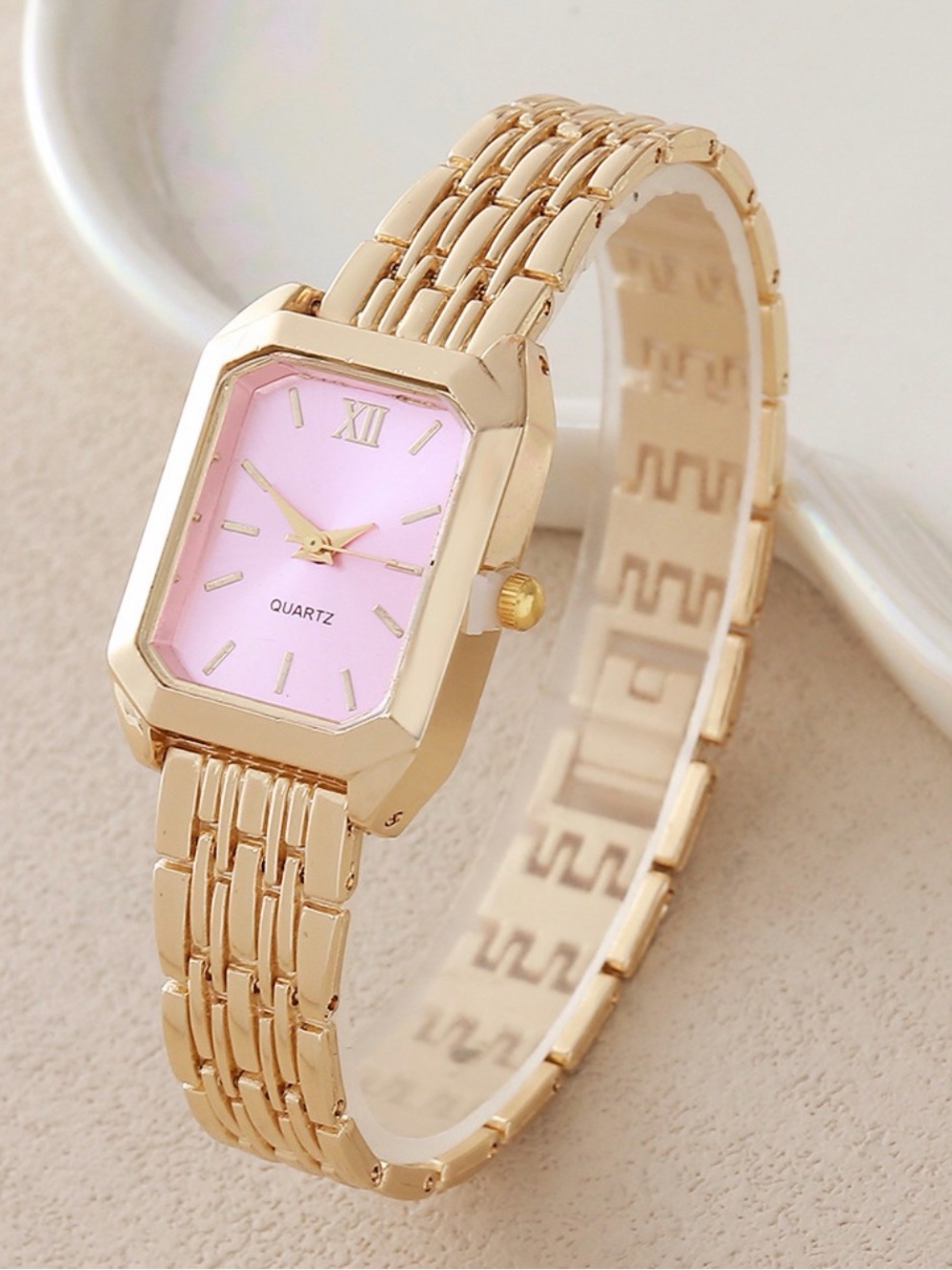 Gold-Tone Watch with Pink Dial - Fashion Women's Bracelet Watch